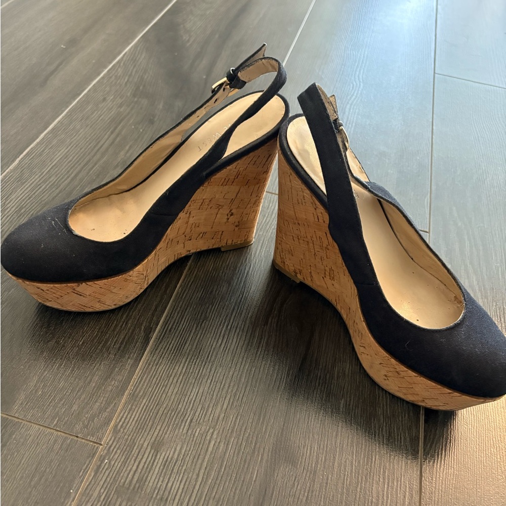 Nine West Black Slingback Cork Wedges